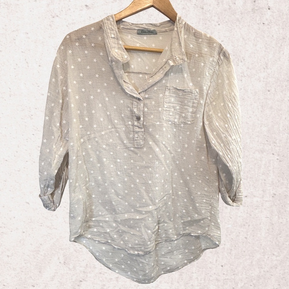 Angela Mara Tan Buttoned Polo Blouse with 3/4 Sleeves